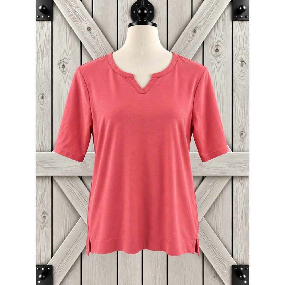 L.L. Bean 100% Supima Cotton Split Neck Knit Popover Tee Top Salmon Pink Size L